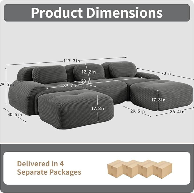 117.3” U Shaped Boneless Couch with Ottoman Corduroy Modular Sectional Sofa Comfy 5 Seater Cloud Sofa Sectional Deep Seat Modern Upholstered Couches for Living Room No Assembly Required