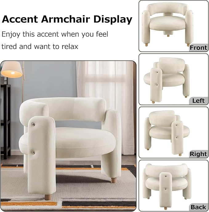 Oversized Armchair Mid-Century Reading Accent Chair Round Velvet Chair Modern Single Sofa Arm Chair for Living Room Bedroom Apartment Office (Beige)