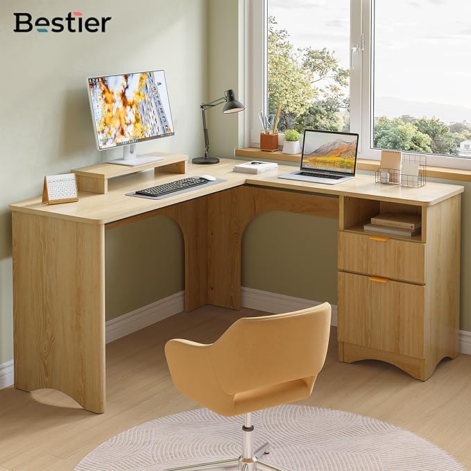 Bestier L Shaped Desk with File Drawer 55.7 x 55 Office Computer Desk with Round Corners Modern Desk with Monitor Stand &amp Fluted Panels for Home Office Natural Oak
