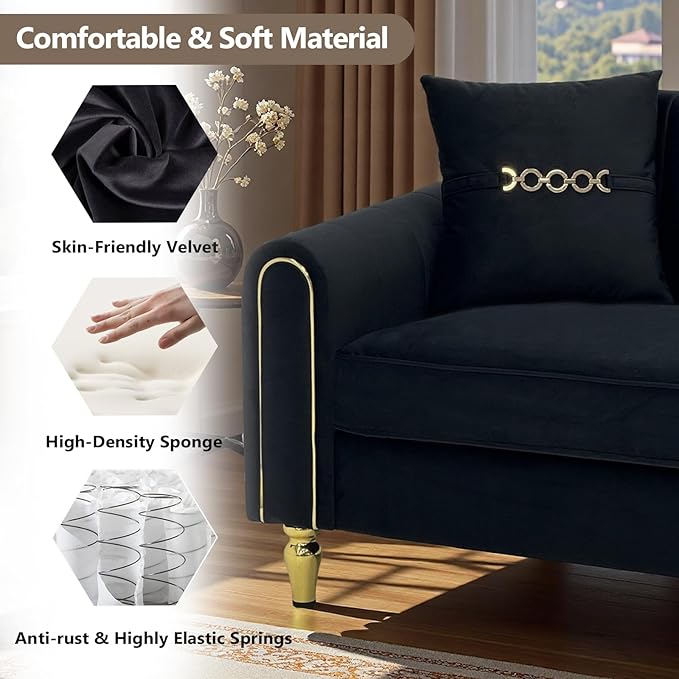 87.5 Modern 3-Seater Velvet Couch Set of 2 with Metal Legs &amp Decorative Pillows High Resilience Sponge Spring Seat Luxury Sectional Loveseat Sofa Set for Living Room Apartment Small Space Black