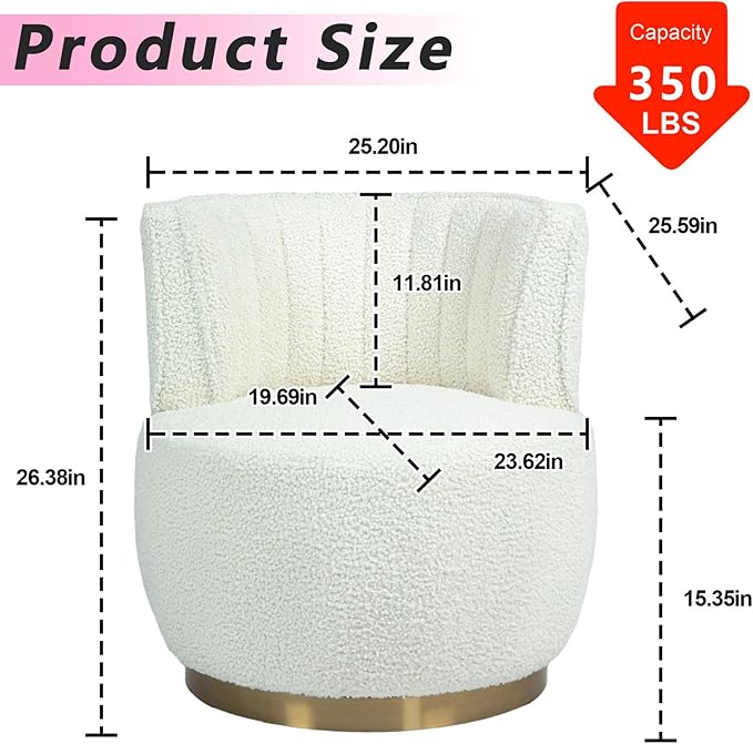 Small Barrel Chair Swivel Barrel Chair with Thicken Backrest Round Accent Chair for Living Room Bedroom Office Comfortable Velvet Fabric Soft High-Density Foam Padding (White)