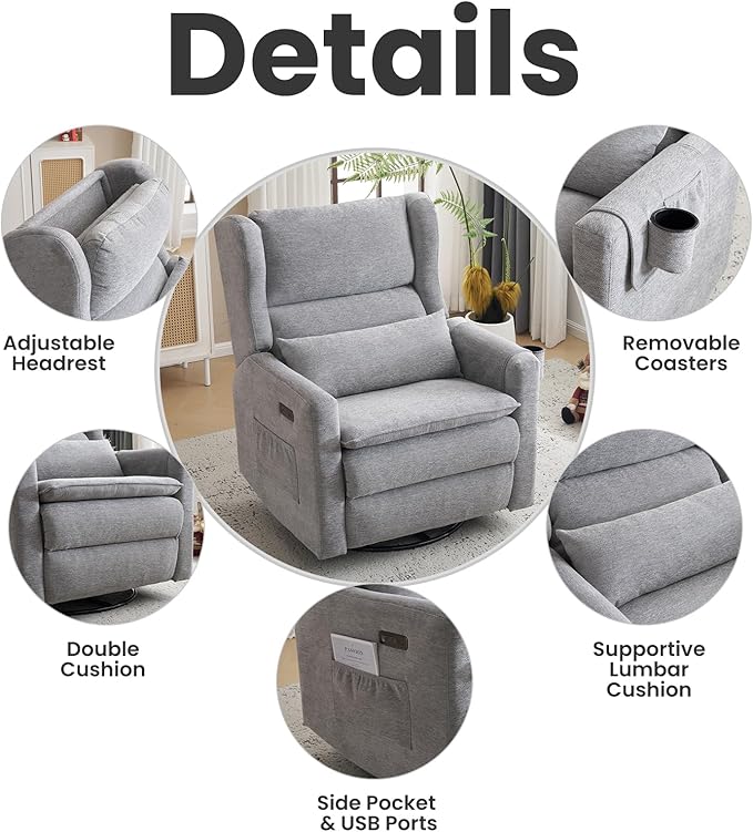 Power Recliner ChairOversized Swivel Rocker Recliner with Adjustable HeadrestNursery Rocking Chair with Lumbar Cushion for Living RoomGrey