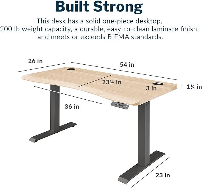 Vari Ergo 54x26 Electric Standing Desk – Height Adjustable Sit Stand VariDesk + Curved Waterfall Edge 4 Memory Settings Quick Assembly Cable Management 200 lb Capacity – Light Wood (2 Boxes)