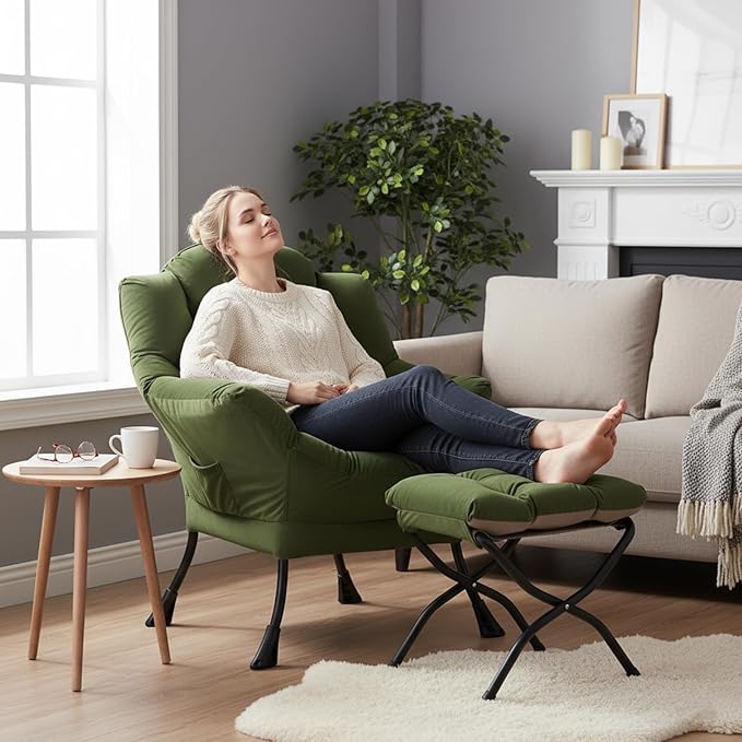 Welnow Lazy Chair with Ottoman Modern Reading Accent Chair with Armrests and a Side Pocket Leisure Upholstered Lazy Sofa Set with Footrest for Small Space Army Green