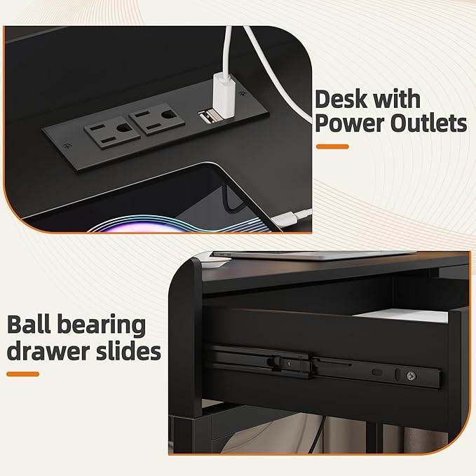 WESTREE Makeup Vanity Desk with Backboard Power Outlet Computer Gaming Desk with 2 Drawers Modern Writing Desk for Office Bedroom Black