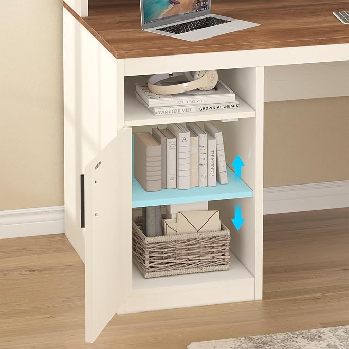 65 Inch Computer Desk with 3 Drawers &amp Storage Shelves Executive Desk with File Drawer &amp Cabinet Home Office Desk with Long Monitor Stand &amp Printer Shelf Antique White