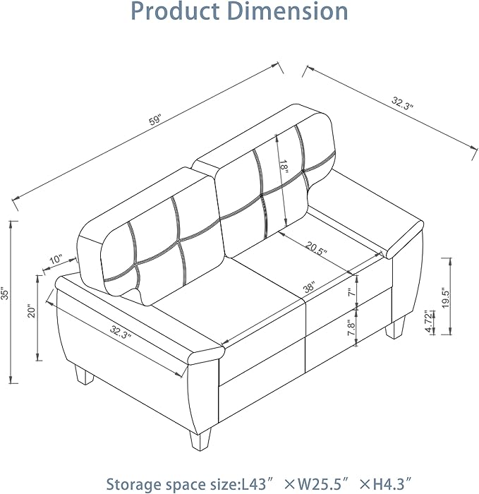 Polibi 59 Modern Loveseat Sofa with Hidden Storage - Faux PU Leather Pocket Spring &amp High-Density Foam Cushion Wide Padded Armrests Solid Wood FrameBlack