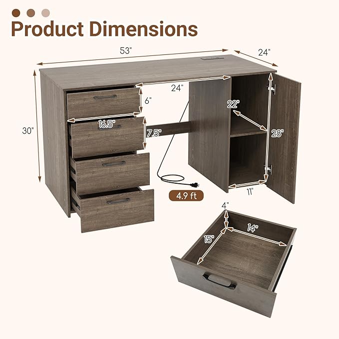 Tangkula 53 Computer Desk with 4 Storage Drawers &amp Cabinet Home Office Desk with Charging Station 5-Level Adjustable Shelf &amp Cable Management Hole Writing Study Desk Modern Executive Desk