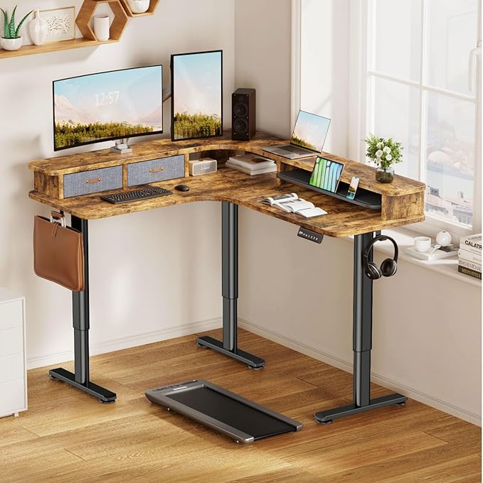 Flycity Electric L Shaped Standing Desk with Drawers 63 x 55 Corner Standing Desk Adjustable Height Stand Up Home Office Desk Dual Motor Sit Stand Desk with 3 Memory Preset &amp Lock Brown