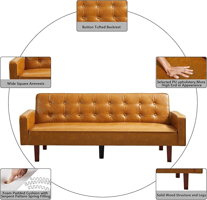 mikibama PU Futon Sofa Couch for Living Room Convertible Faux Leather Upholstered Futon Sleeper Sofa Bed Channel Tufted Bedroom Futons with Solid Wood Legs for Small Spaces