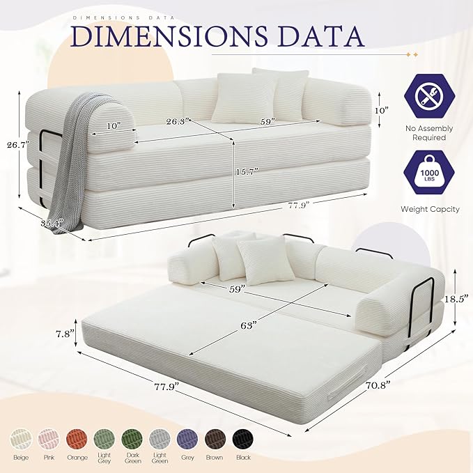 Convertible Folding Sofa Bed Corduroy Sleeper Mattress Couch with Fixed-Shape Frame Free Combination Loveseat Lounge Floor Sofa Queen Size Memory Foam Couch for Living Room Bedroom White