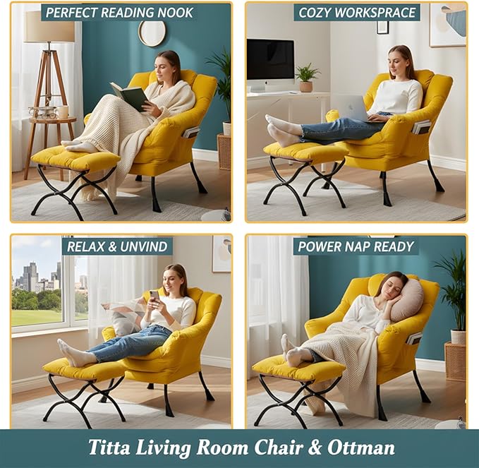 Tiita Lazy Chair with Ottoman Yellow Modern Large Accent Armchair Comfy Leisure Sofa Reading Chair with Footrest for Bedroom Living Room Dorm Rooms Garden Velvet Yellow