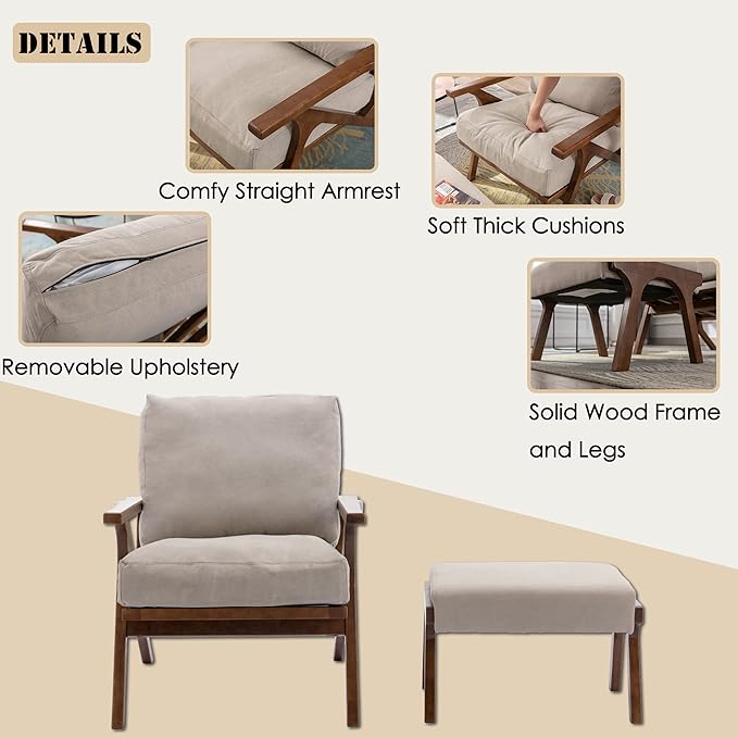 chairus Mid-Century Modern Accent Chairs with Ottomans Set of 2 Comfy Upholstered Lounge Armchairs with Solid Wood Frame Reading Chairs for Living Room Bedroom Office Beige Denim Fabric