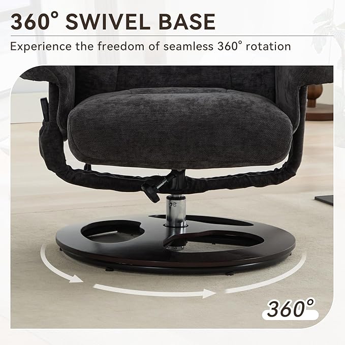 Ergonomic Recliner Chair with Ottoman for Adults 360° Swivel Massage Lounge Chair with 5-Point Vibration &amp Heated Seat140° Adjustable Chenille Recliner for Living Room Office (Dark Gray+Chenille