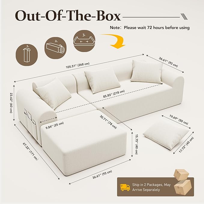 105.5” Cloud Boneless Sectional Sofa for Living Room L-Shaped 4-Seater Modular Couch with Ottoman &amp 4 Pillows Deep Seat Chenille Fabric Sofa No Assembly 72H Full Restore Beige