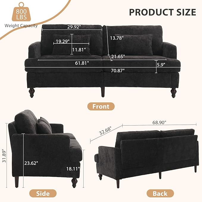 69” Modern Chenille Loveseat Sofa Couch Upholstered 2 Seat Love Seat Deep Seat Small Couch with 2 Pillows and Sturdy Wood Legs for Living Room Bedroom Apartment (Black)