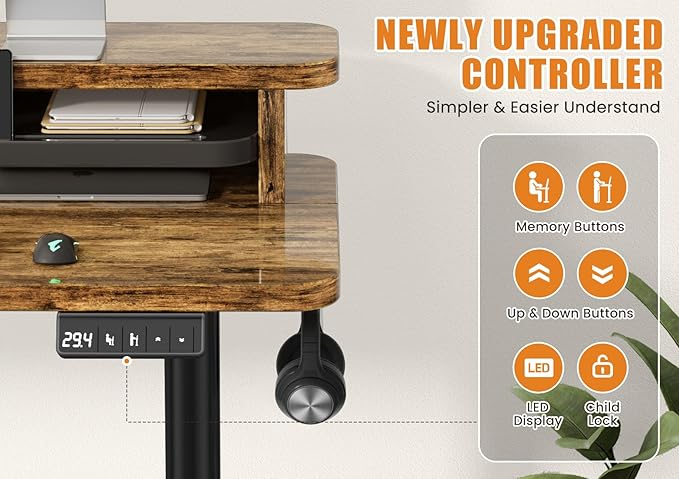 Flycity Electric Standing Desk with Dual Monitor Stand Height Adjustable Desk Sit Stand Desk with Memory Controller Casters &amp 2 Hooks Low Noise Home Office Desk (Rustic Brown 48 x 24)