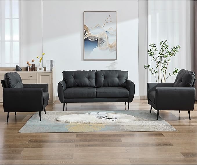 TYBOATLE Sofa Couch 61 Small Loveseat Couches for Living Room Leather Couch Mid Century Modern Tufted Mini Sofa Comfy Office 2 Seat Settee Love Seat for Small Spaces Bedroom (3 Black)