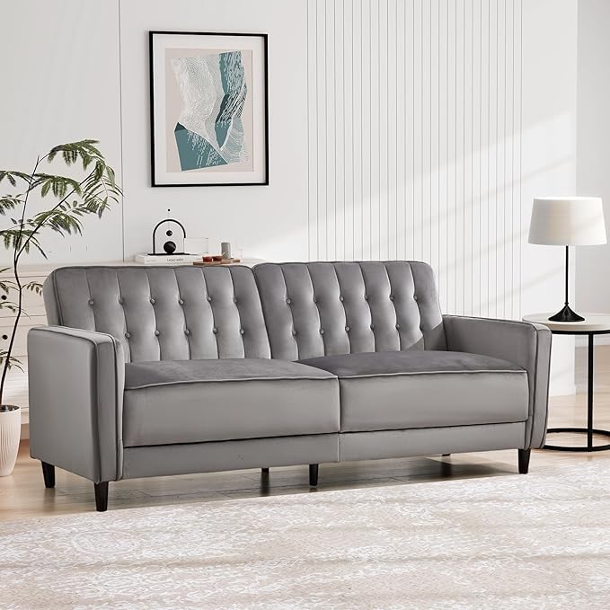 CANMOV Convertible Sofa Bed82″Fabric Futon Couch with Adjustable Backrest3 in 1 Convertible Comfy Loveseat Recliner Sleeper Sofa Bed for Living RoomGrey