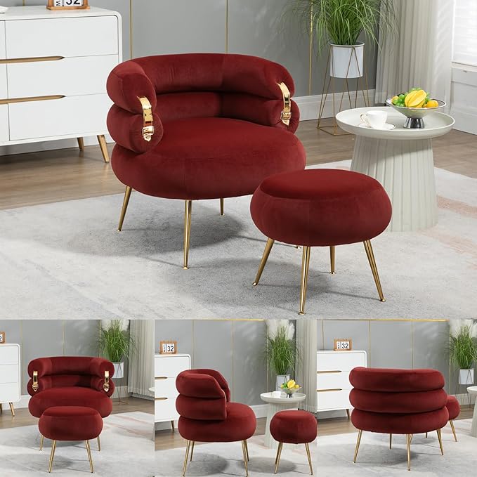 Single Sofa Chair Velvet Accent Chair with Ottoman Round Sofa Chair Modern Barrel Chair with Gold Buckle and Leg for Living Room Bedroom Waiting Room Small Spaces (Red)