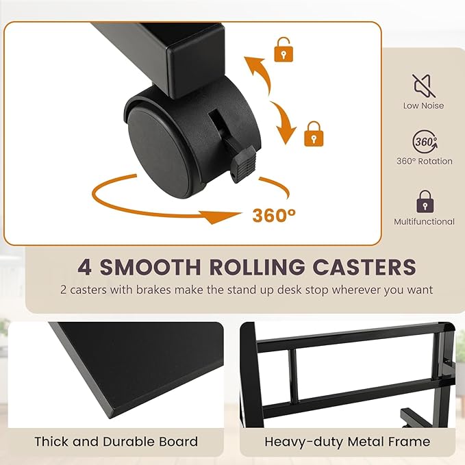 Standing Desk Height Adjustable Sit-Stand Desk with Tiltable Desk Top Rolling Laptop Stand &amp Workstation Mobile Stand up Computer Desk on Wheels for Small Spaces Home &amp Office (Black)