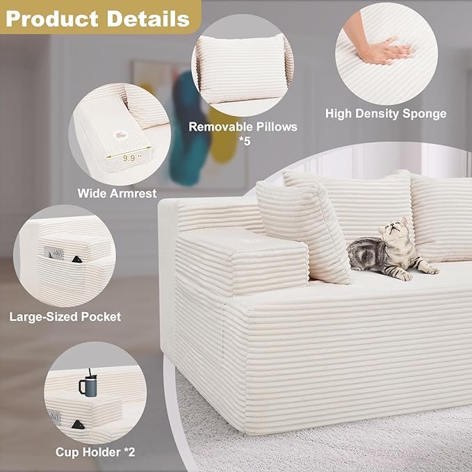 Boneless Couch Cloud Modular Sectional Sofa Modern Convertible L Shaped 3 Seat Deep Seat Boneless Couches with 5 Pillows for Living Room Apartment (Beige Right Facing Chaise+Ottoman)