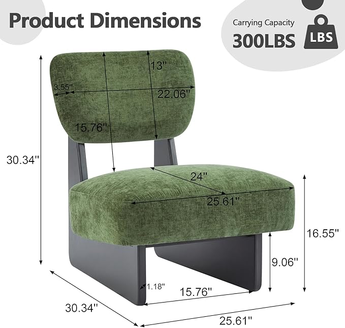 Green Accent Chair Set of 2 for Small Spaces Armless Accent Chair for Bedroom Side Chairs &amp Comfy Chairs for Living Room Wood Base Comfy Cushion Bedroom Office (Black+Green)