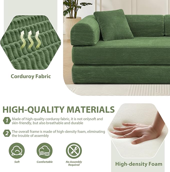 78 Convertible Sleeper Sofa Bed with Cylindrical Pillow Corduroy Folding Mattress Couch with Fixed Frame Floor Sofa Lounge Couch for Living Room Bedroom Apartment Army Green