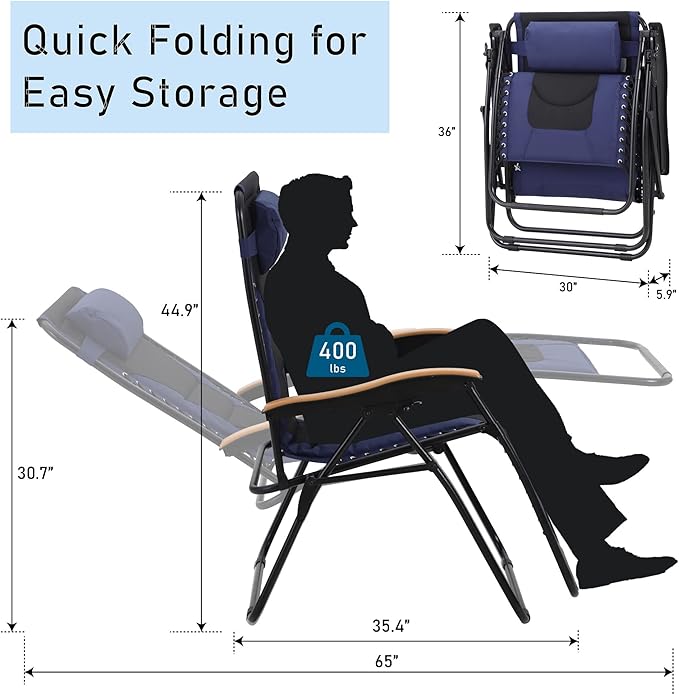 PHI VILLA XXL Oversized Padded Zero Gravity Chair Foldable Patio Recliner 30 Wide Seat Anti Gravity Lounger with Cup Holder Support 400 LBS (Navy Blue)