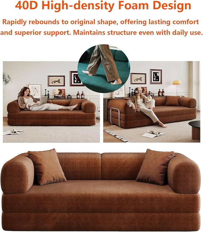 79 Inch Convertible Sleeper Sofa Bed with Cylindrical PillowOversized Corduroy Upholstered Boneless CouchLove Seat Floor Sofas Living RoomApartmentOffice-Brown