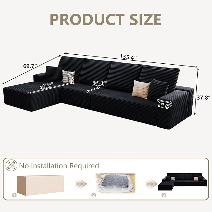 135 Modular Sectional Sofa Modern Corduroy L Shaped Cloud Couch with Chaise Lounge Boneless Upholstered Couches with Deep Seat for Living Room No Assembly Required (Black Left Facing Chaise)