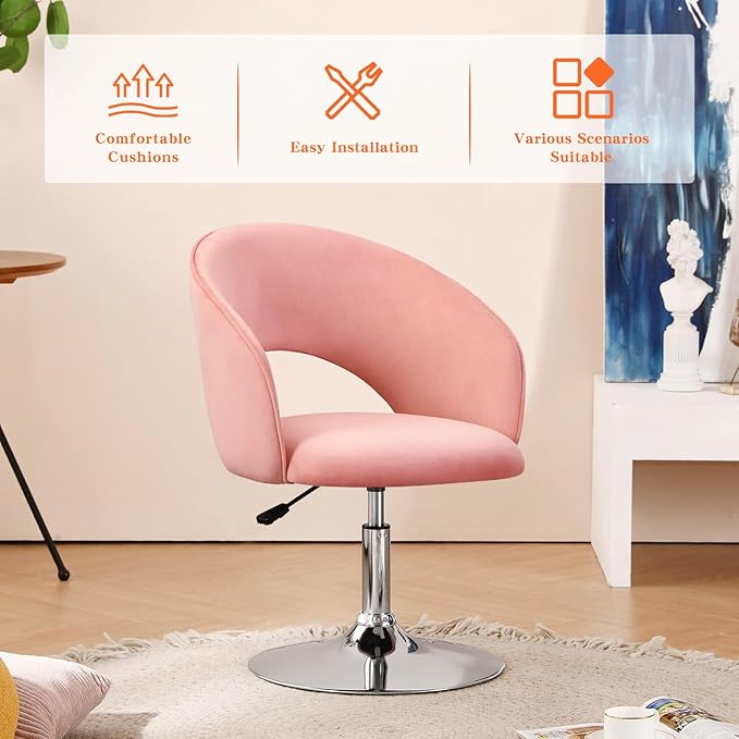 Furnimart Pink Velvet Vanity Chair Vanity Stool with Back Height Adjustable Swivel Accent Chair with Backrest Round Makeup Chair for Vanity Living Room Bedroom (Pink)