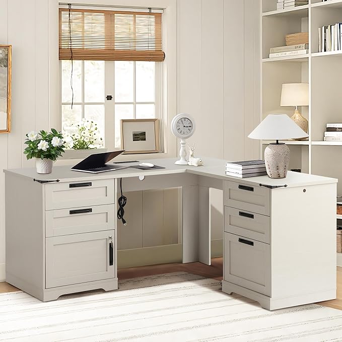 L-Shaped Executive Desk with Power Outlets 60 Wood Home Office Computer Table with 5 Drawers and Locking Adjustable Storage Chest Corner Standing Writing Desks with Metal Handles (Light Gray)