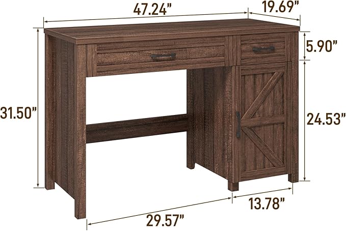 Vabches Farmhouse 47 Executive Desk Computer Desk with Drawers and Storage Cabinet Workstation Computer Desk for Home Office Study.Red-Brown