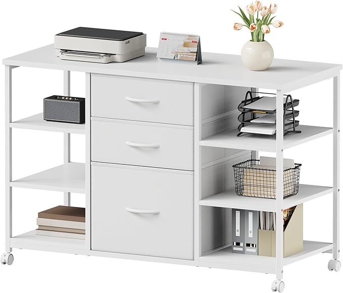 Mobile File CabinetLateral Filing Cabinet with 3 Fabric DrawersRolling Printer Stand with 4 Open Storage Shelf for Home Office White