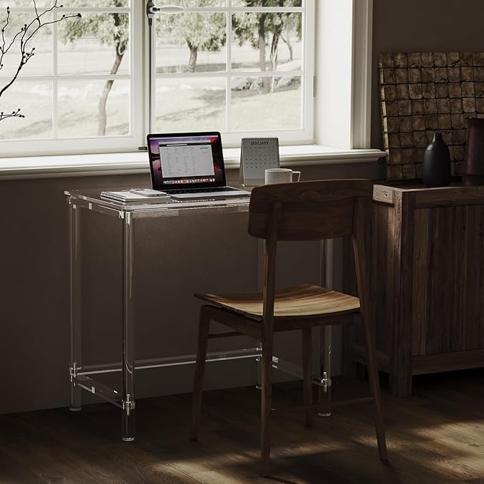 HMYHUM Acrylic Computer Desk 32 Inch Clear Office Desk for Small Spaces Study Writing Vanity Table with Cylindrical Legs Modern Easy Assembly