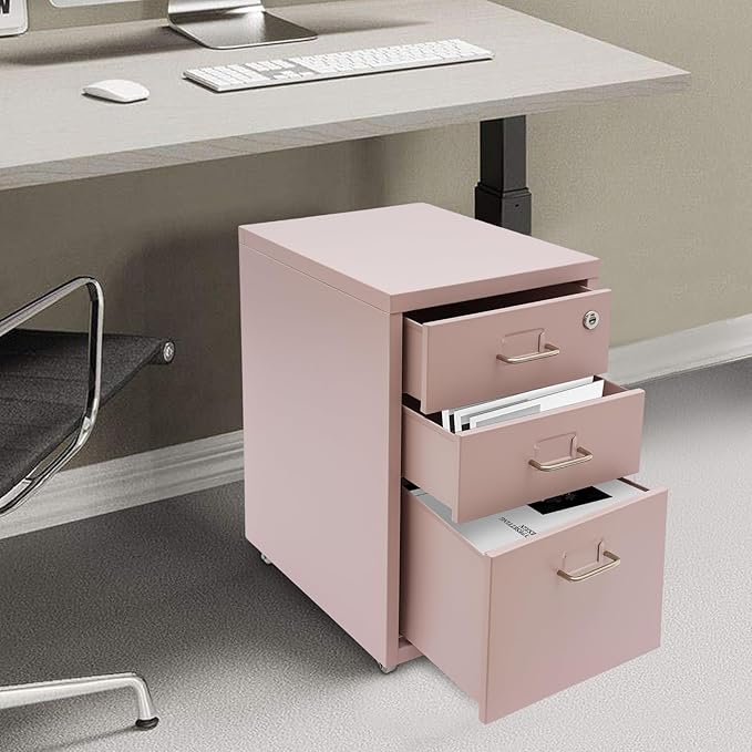 3 Shelf Metal File Cabinet Vertical File Cabinet Pink File Cabinet Freestanding File Storage Cabinet with Wheels for Office Study Bedroom