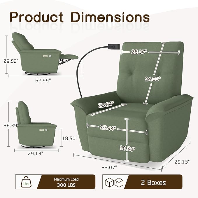 cinkehome Power Swivel Rocker Recliner Electric Glider Recliner for Nursery with USB &amp Type-C and Phone Holder Upholstered Rocking Recliner for Living Room Nursery Green