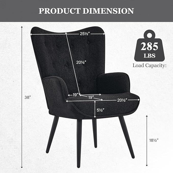 Furnimart Mid-Century Modern Accent Chairs Set of 2 Black Sherpa Wingback Reading Chairs with High Backrest Armchair for Living Room Bedroom Waiting Room