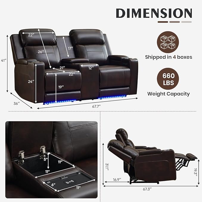 Power Reclining Loveseat with Console Power Loveseat Recliner Sofa with Adjustable Headrest/LED Light/Wireless Charging/Arm Storage Power Recliner Loveseat for Living Room (Brown 2 Seater)