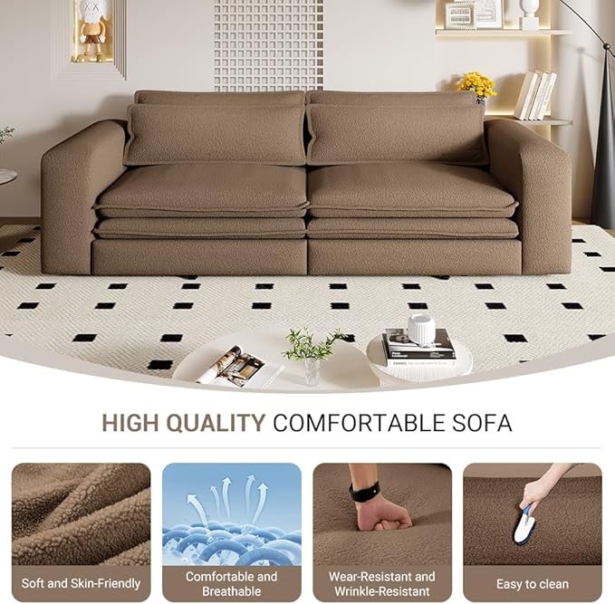 KEIKI 93 King Size Sleeper Sofa Bed 3 in 1 Convertible Sleeper Sofa Pull Out Sofa Bed 3 Seat Teddy Couch with 2 Lumbar Pillows for Living Room Apartment Office Studies Camel