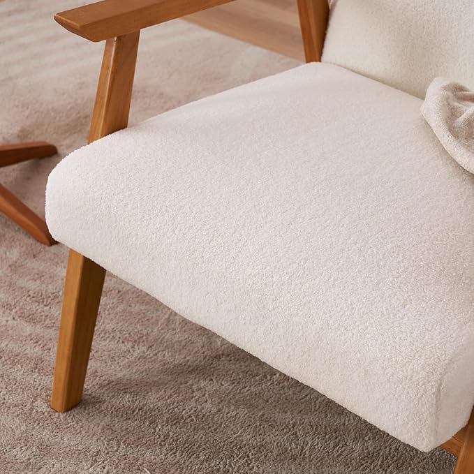 Accent Chair for Living Room Mid-Century Modern Lounge Chair with Solid Wood Legs Comfortable Reading Armchair for Office Apartment Bedroom Waiting Room Off-White