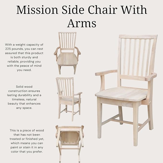 International Concepts Mission Side Chair with Arms Solid Parawood Unfinished