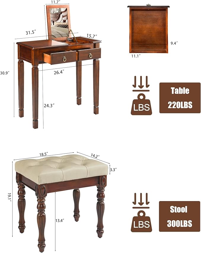 Makeup Vanity Desk Set with Flip Top Mirror 31.5 Wooden Vanity Table with Mirror Compact Dressing Table with 2 Drawers &amp 7 Compartments Writing Desk with Padded Stool for Bedroom Cherry+Beige