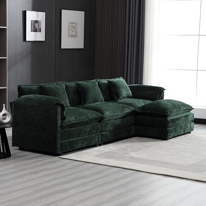 kevinplus 112'' Sectional Sofa Couch with Convertible Ottoman for Living Room Modern Contemporary 3-Seat L-Shape Sofa Couch for Apartment Home Office Thick Cushion &amp Boucle Fabric Green