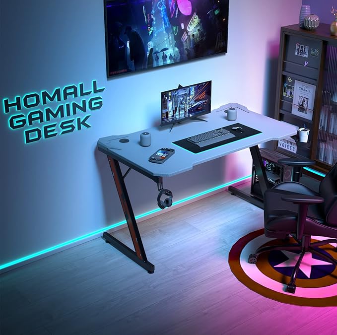 Homall Gaming Computer Desk with Carbon Fiber Surface Gaming Table Z Shaped Pc Home Office with Cup Holder&ampHeadphone Hook(44 in Grey)