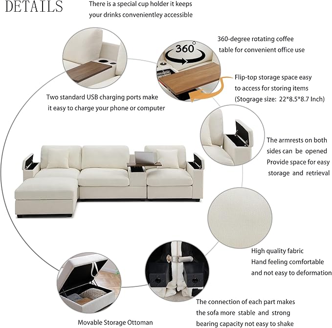 Oversized L-Shaped Modular Sectional Sofa with Storage Armrest Reversible Couch with Movable Ottoman USB Ports Cup Holders 360°Swivel Tray Comfy Cloud Cushions for Living Room or Apartment Beige