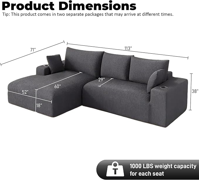 Oversized L Shaped Boneless Couch with 52 Wide Oversize Chaise 113 Fluffy Cloud Sectional Couches for Living Room Plush Corduroy Memory Foam Modular Sectional Sofa with Cup Holder Grey