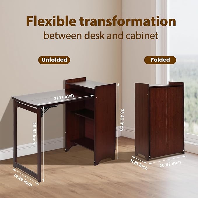 Bamboo Folding Desk with Storage Mid Century Fold Out Table Space Saving Foldable Desk for Small Spaces Multi-Functional Computer Desk for Home Office Bedroom Apartment &amp Dorm