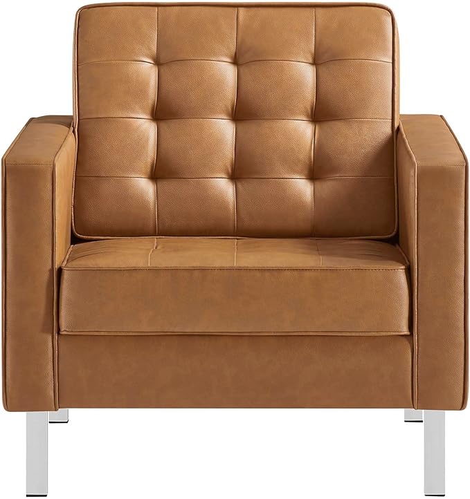 Modway Loft Tufted Button Faux Leather Upholstered Accent Armchair in Silver Tan